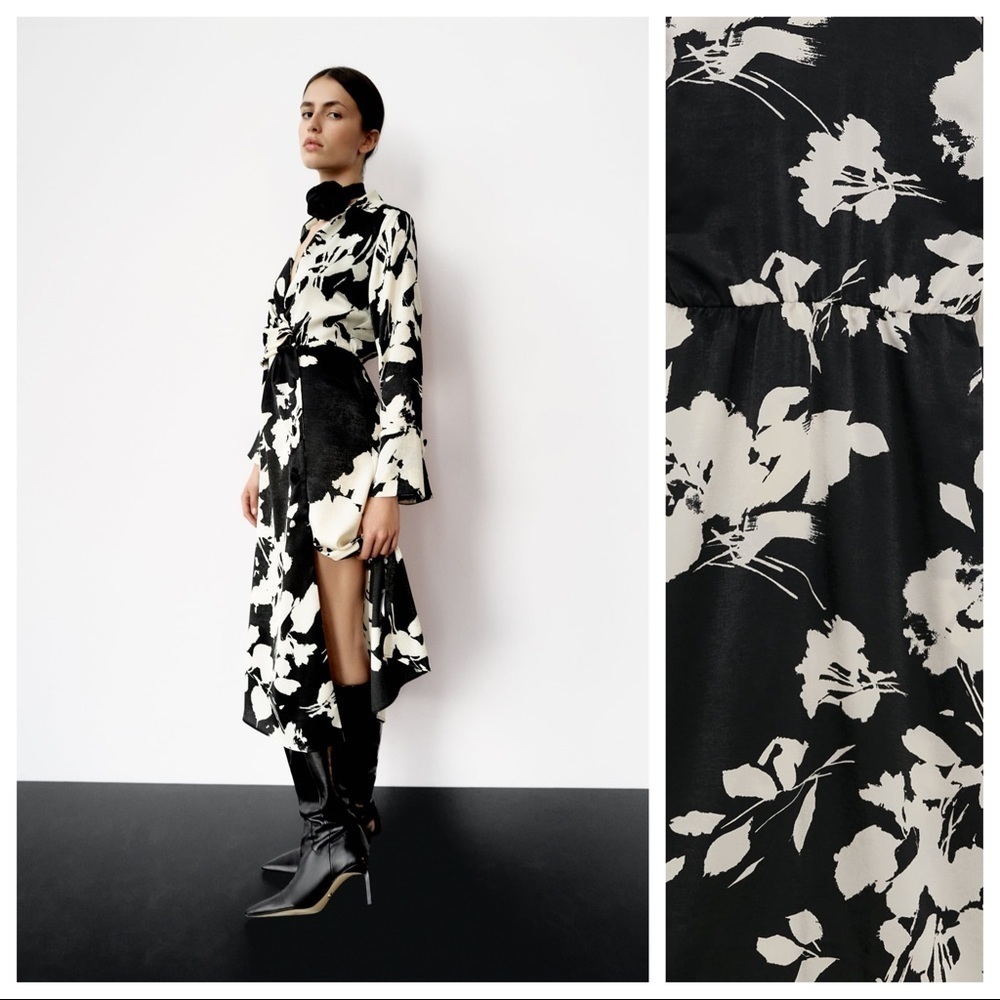 NWT. Zara Black/Cream Satin Effect Floral Print Midi Dress. Size S. - Picture 3 of 11